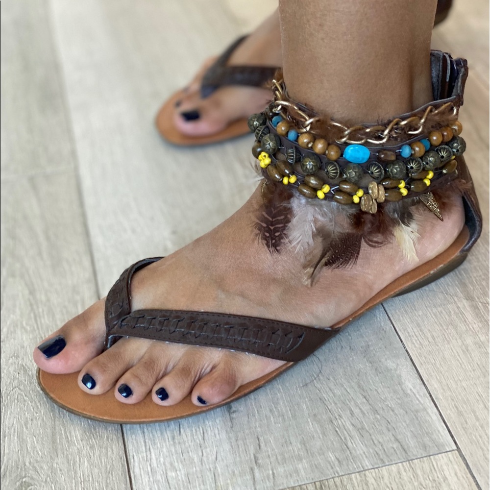 ZiGiSoho Boho Sandals w/ Feather and Beaded Ankle